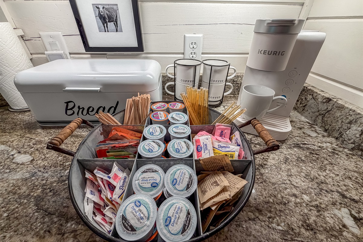 Wonderful choices from our coffee bar to include cocoa, tea, and honey sticks along with other treats to choose from. Use a drip machine or Keurig for your enjoyment.