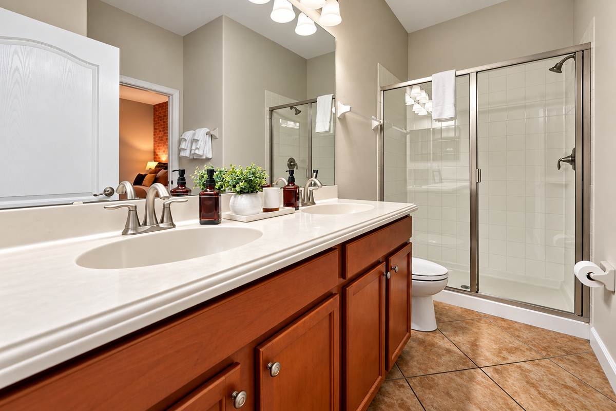 A ground-level full bathroom serves as both a guest bathroom and an ensuite bathroom in one of the master bedrooms.