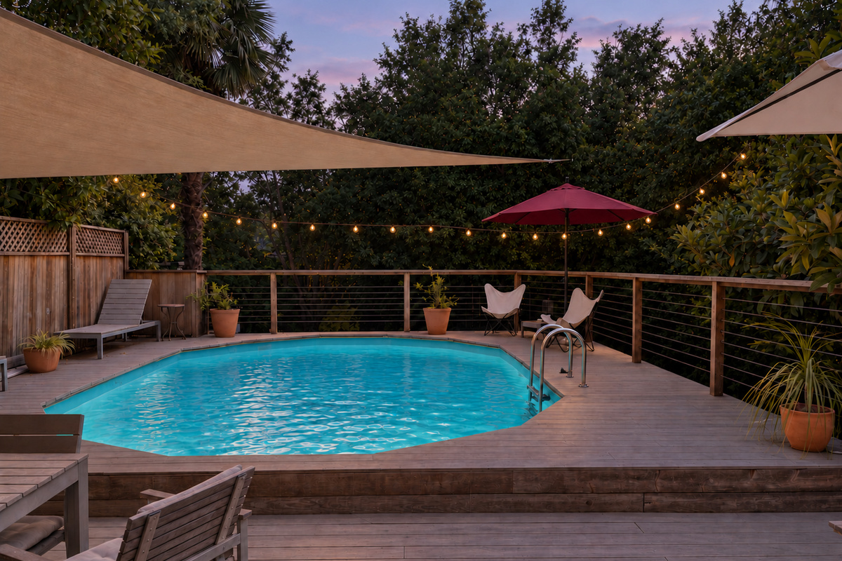 Pool and surrounding deck with outdoor seating.