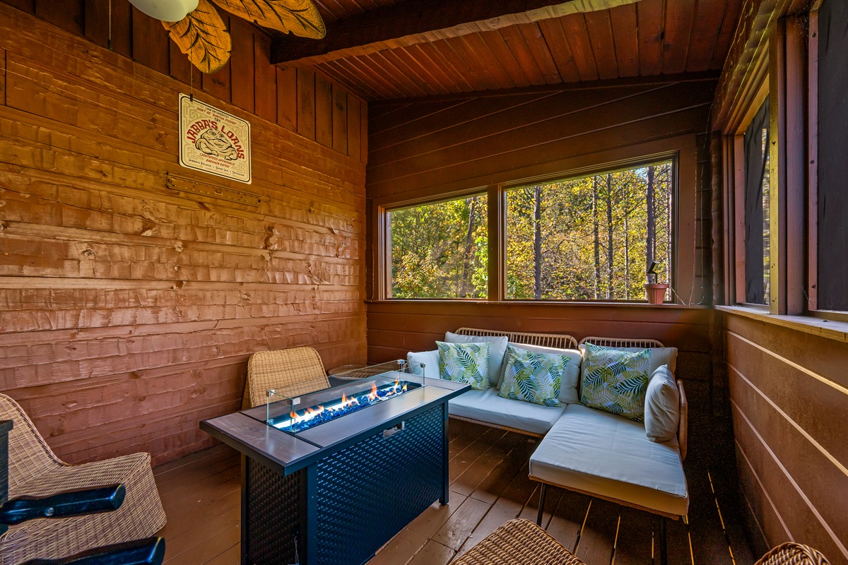 Screened in gas fire pit area