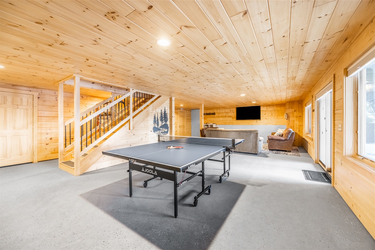 Game room in the basement with pong pong tabel, basketball game, TV seating area, board games