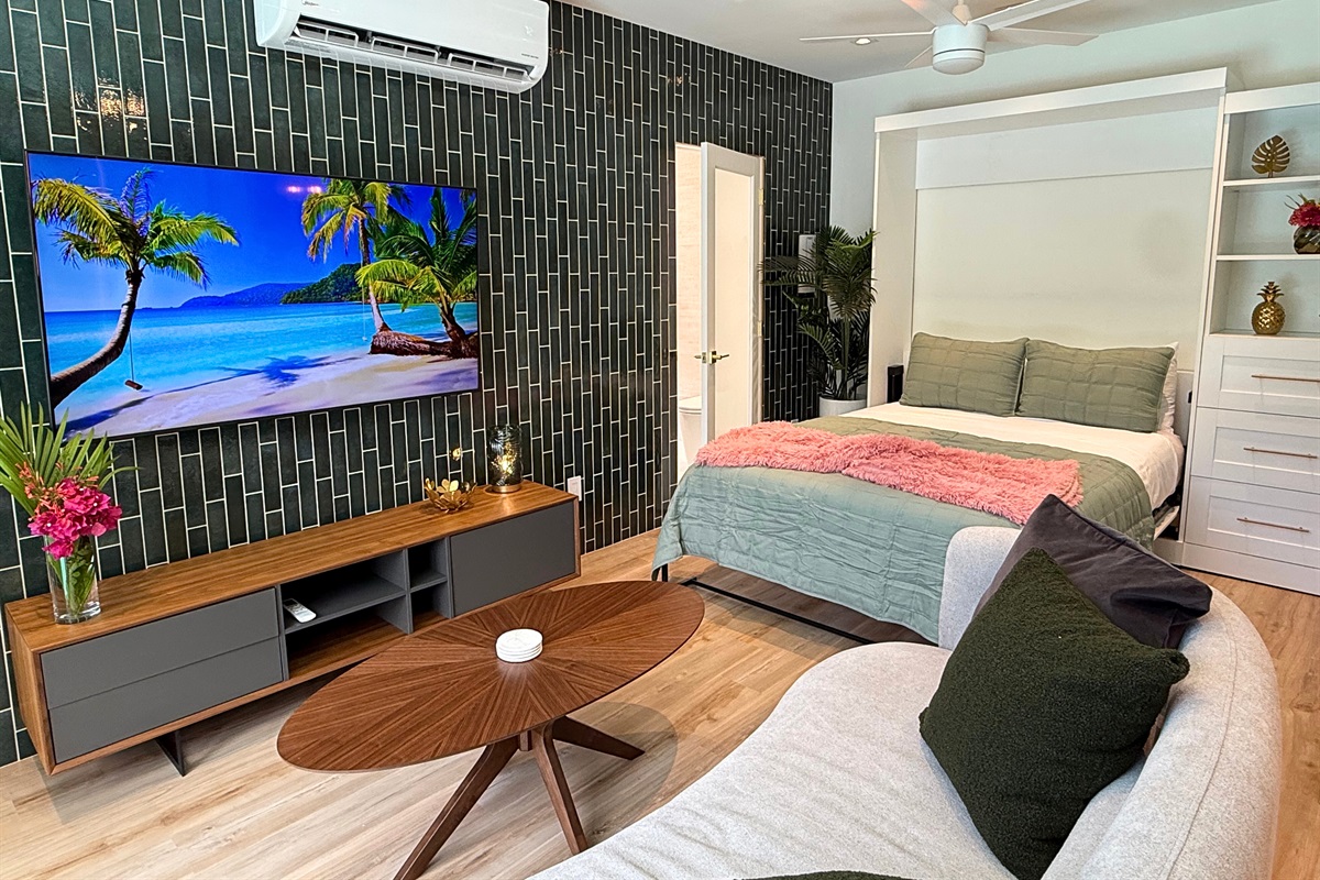 Comfortable living room with Smart TV and Murphy bed