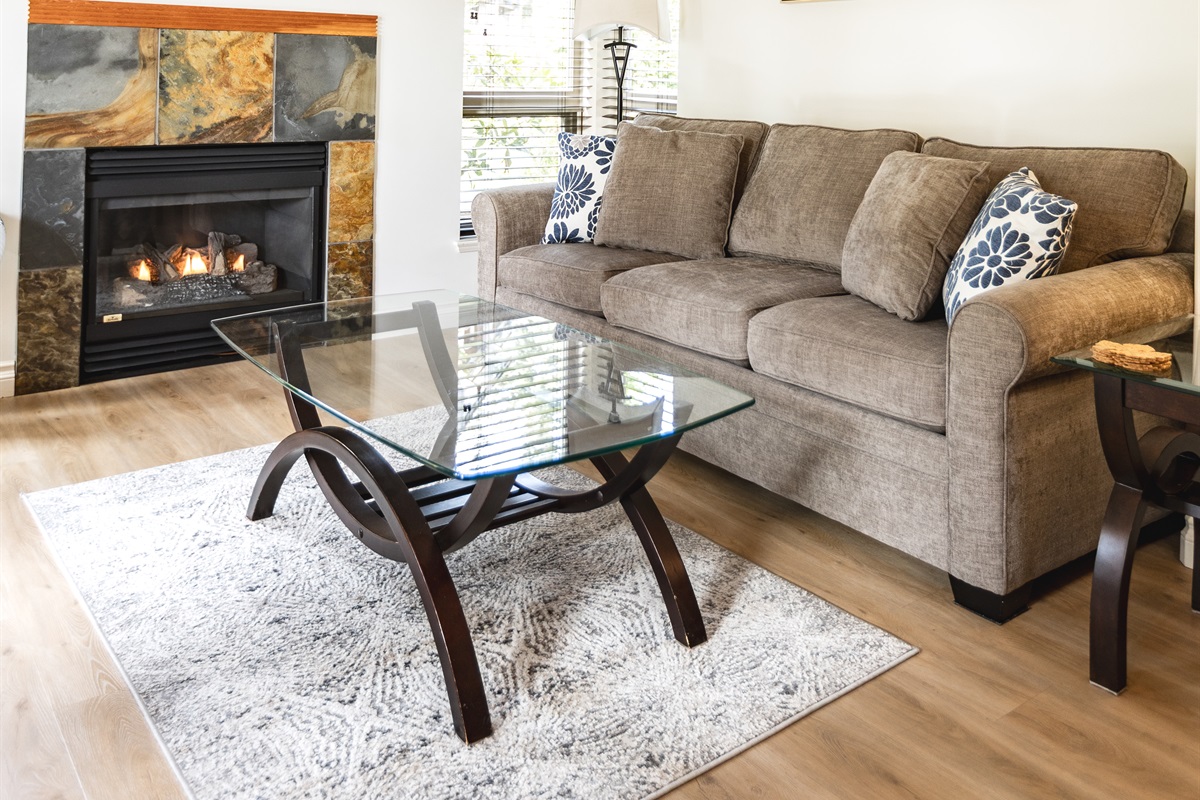 Main Floor. Streaming TV. Double glass doors. AC unit / natural gas fireplace. Covered Patio. Open concept. Roomy and spacious. Queen pull out sofa for extra Guests.