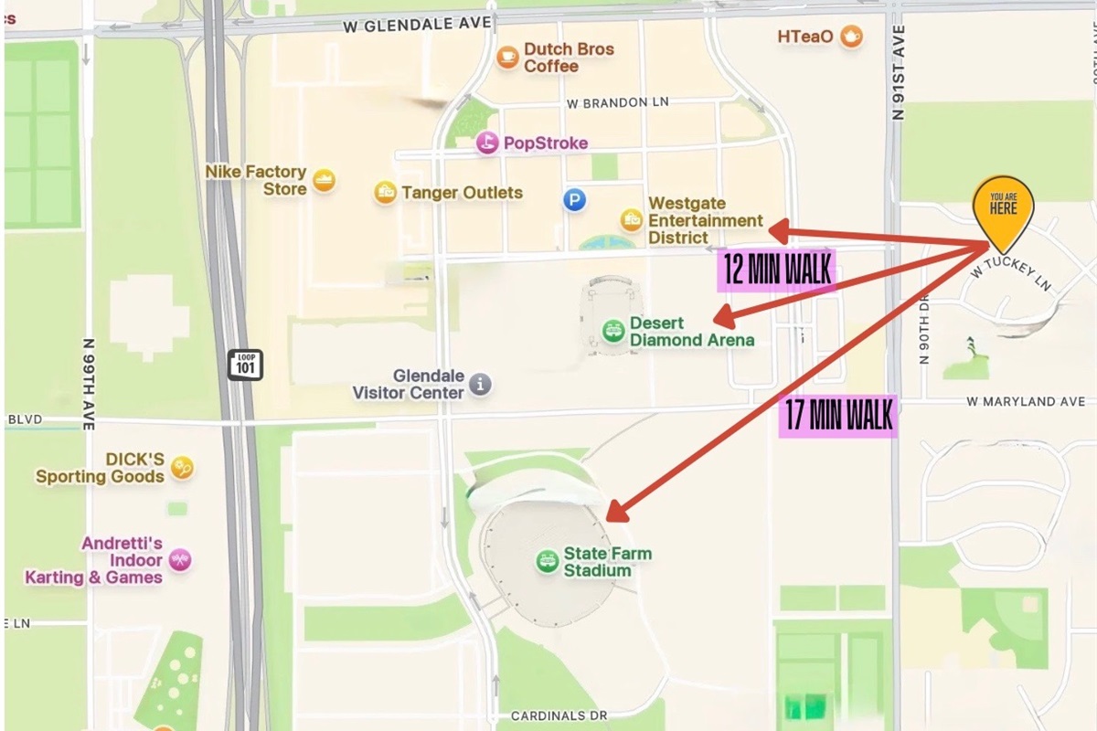 Short walk to State Farm Stadium, Desert Diamond Arena, & Westgate Entertainment