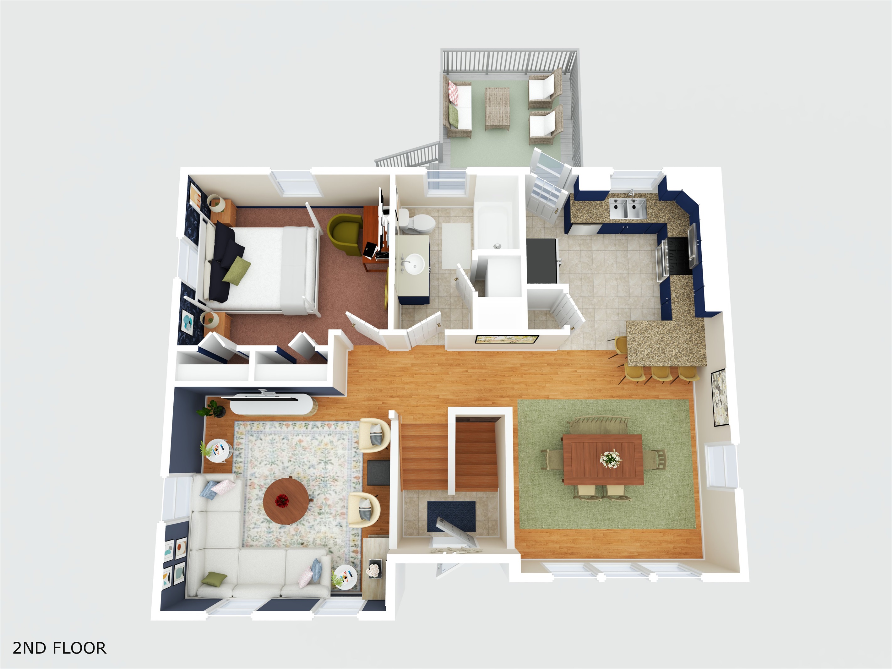 Rendered second-floor plans showing the home's layout, room arrangement, and furnished interior spaces.