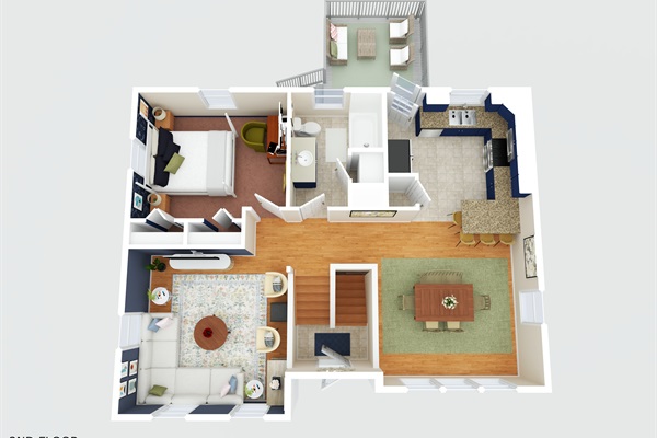 Rendered second-floor plans showing the home's layout, room arrangement, and furnished interior spaces.