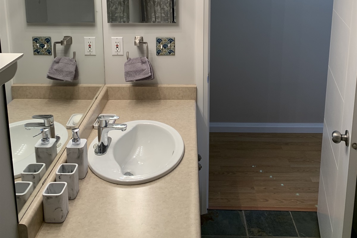 Full bathroom with spacious vanity. Bathroom is stocked with shampoo, conditioner soap and Q tips.