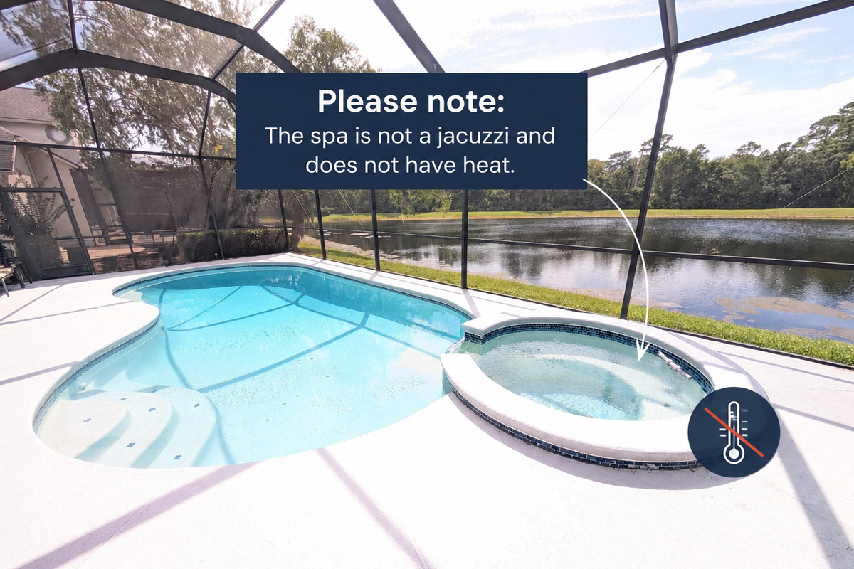 Private screened-in pool overlooking the peaceful pond &mdash; an ideal place to cool off and enjoy the Florida sunshine.