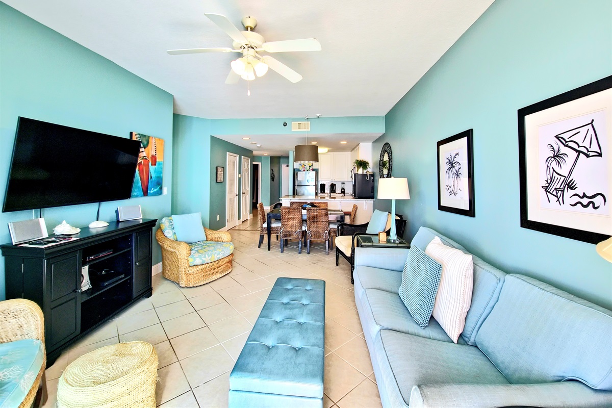living room, dining, kitchen view