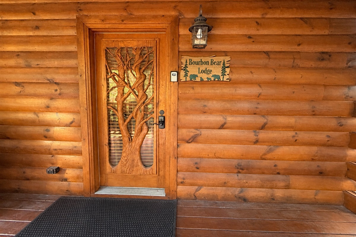 Hand carved door trim and sign