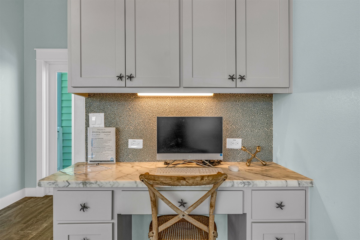 Crystal Paradise Office Space: Convenient office nook with built‑in desk and modern workspace essentials.