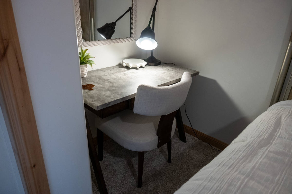 Convenient workspace provides a quiet spot for checking email or catching up on remote work.