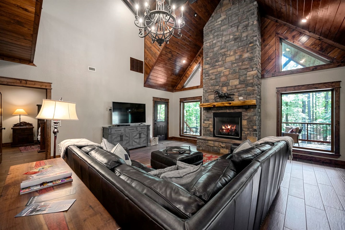 The roomy leather sectional couch will accommodate your group comfortably 