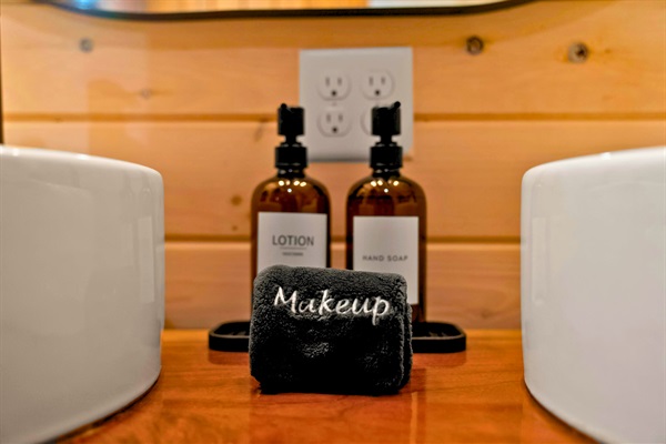 We provide shampoo, conditioner, body wash, lotion, towels, and makeup cloths — pack lighter and relax