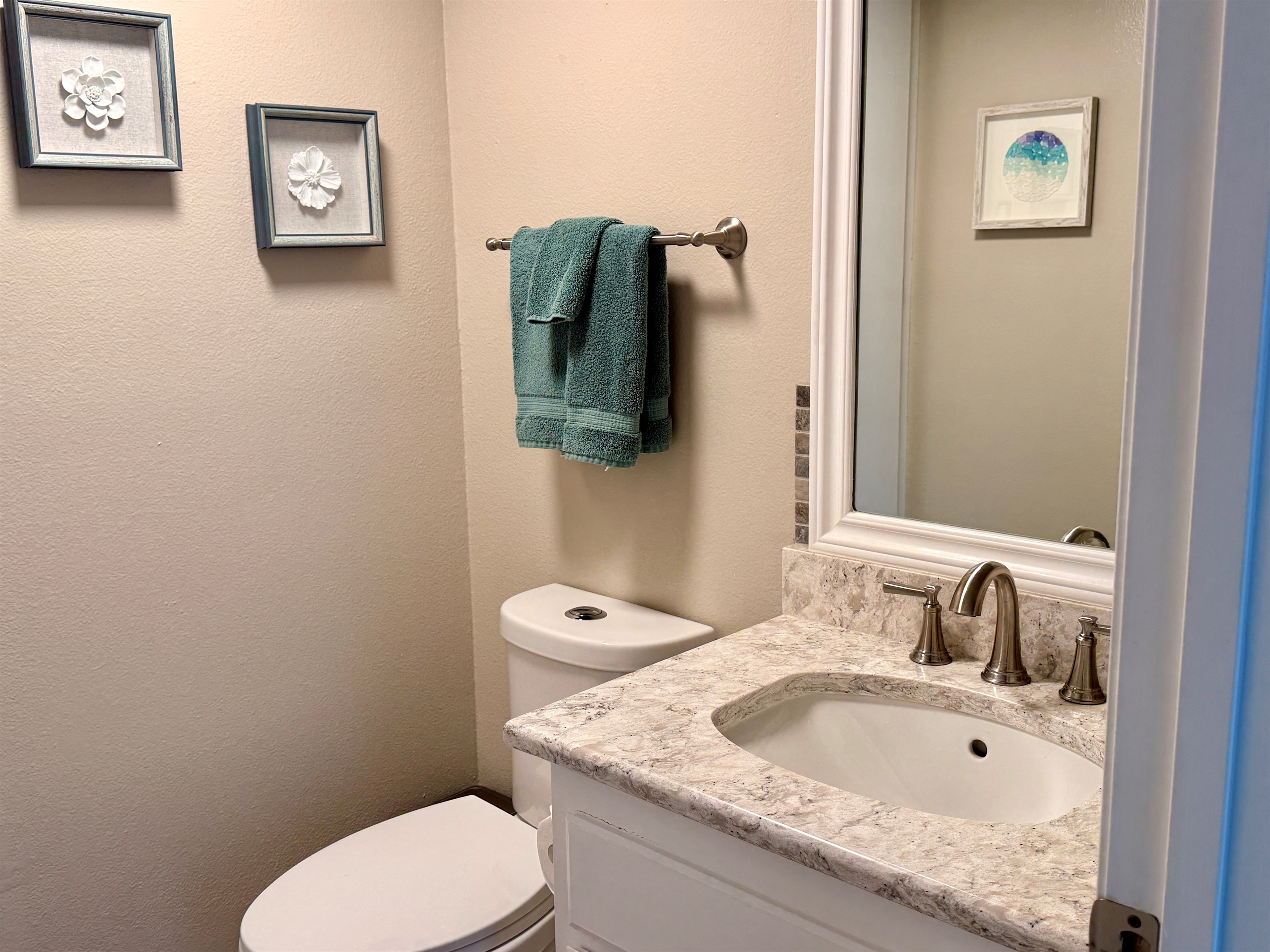 Downstairs powder room. Storage closet has Instant Pot, iron for clothes, watr for iron, extra toilet paper, and first aid kit.