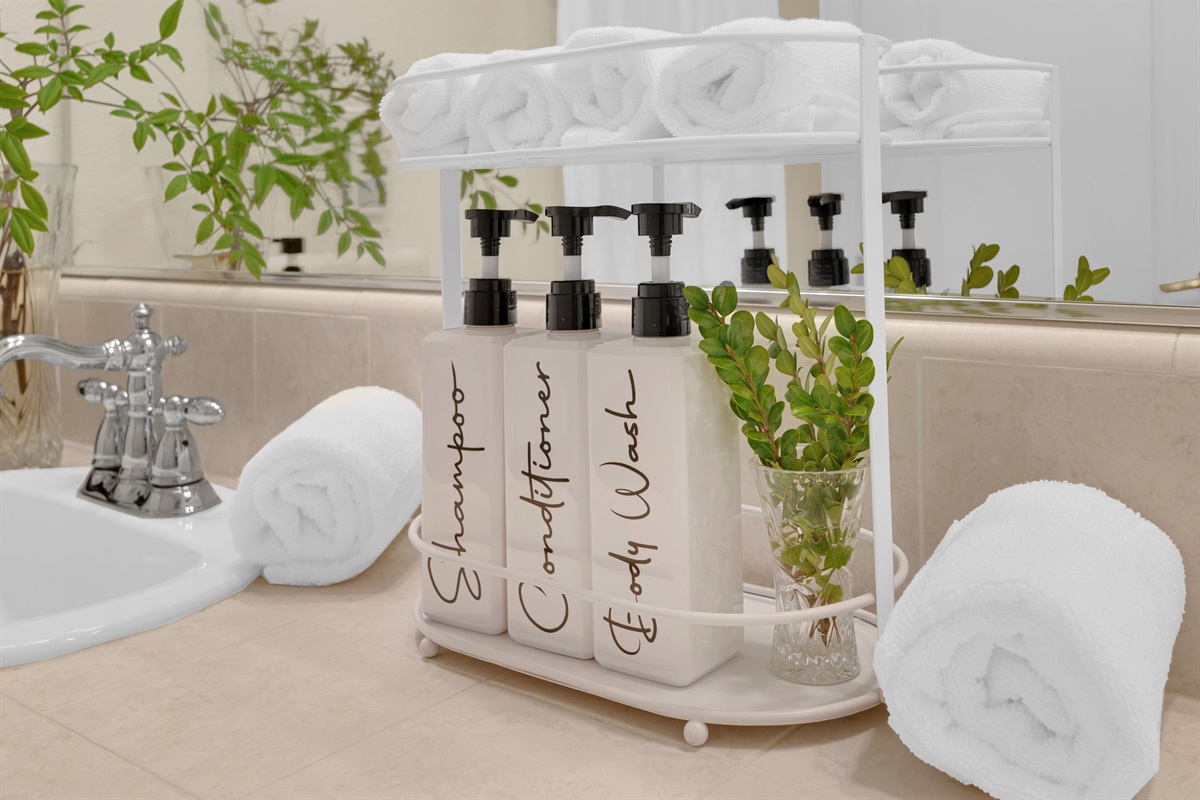 Thoughtfully stocked with high-quality shampoo, conditioner, body wash, and hand soap for your comfort