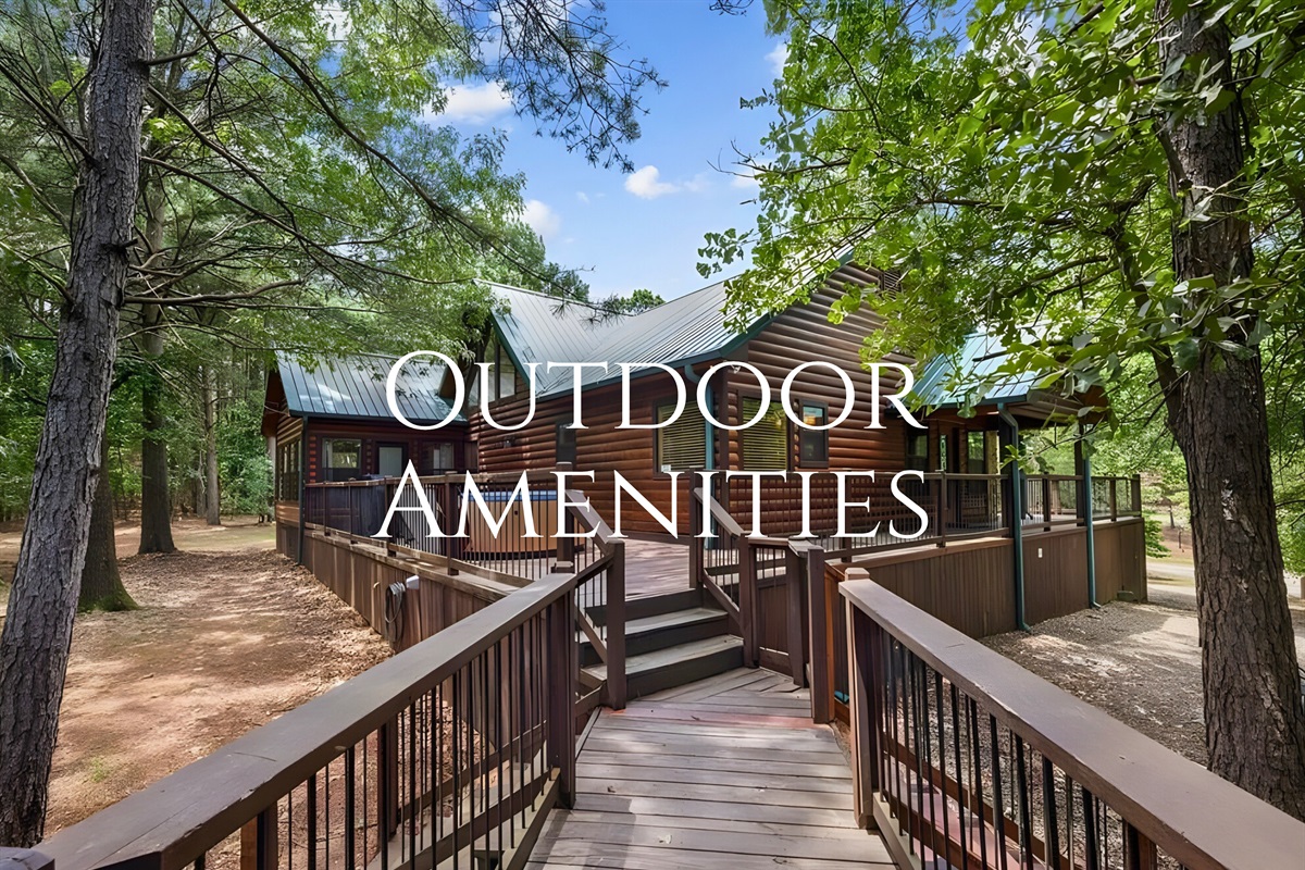 A raised walkway guides you toward the cabin’s outdoor spaces.