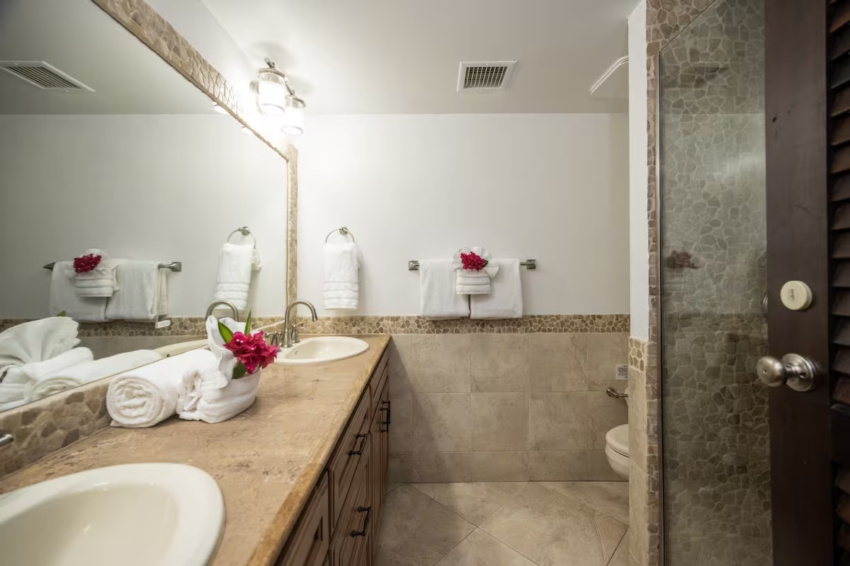 Double vanity, toilet and large shower in the main floor bathroom