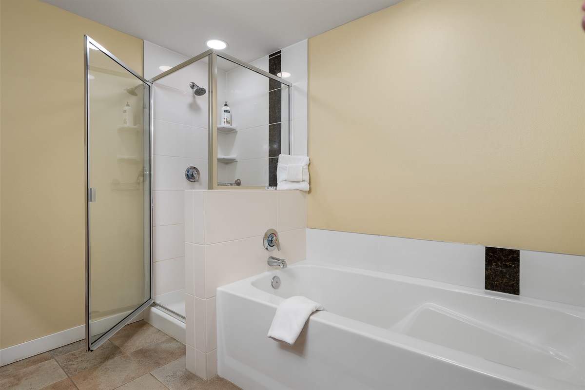 Shower and large bathtub for luxurious soaking!