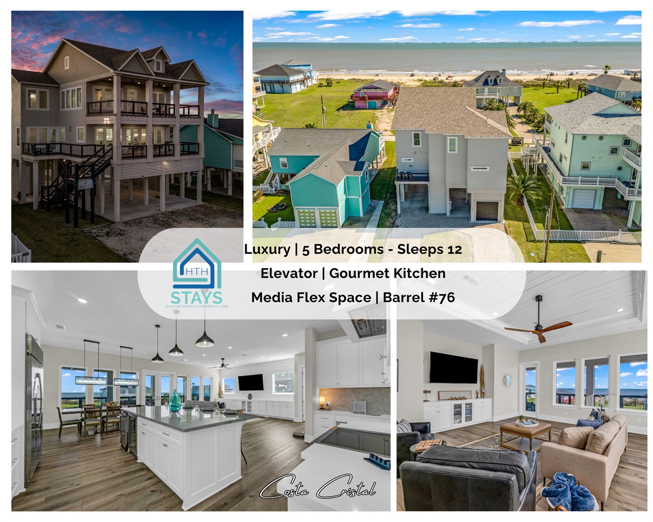 Costa Cristal Exterior: Experience a luxurious beach house with a private elevator, gourmet kitchen, and flexible media space perfect for relaxing or entertaining.