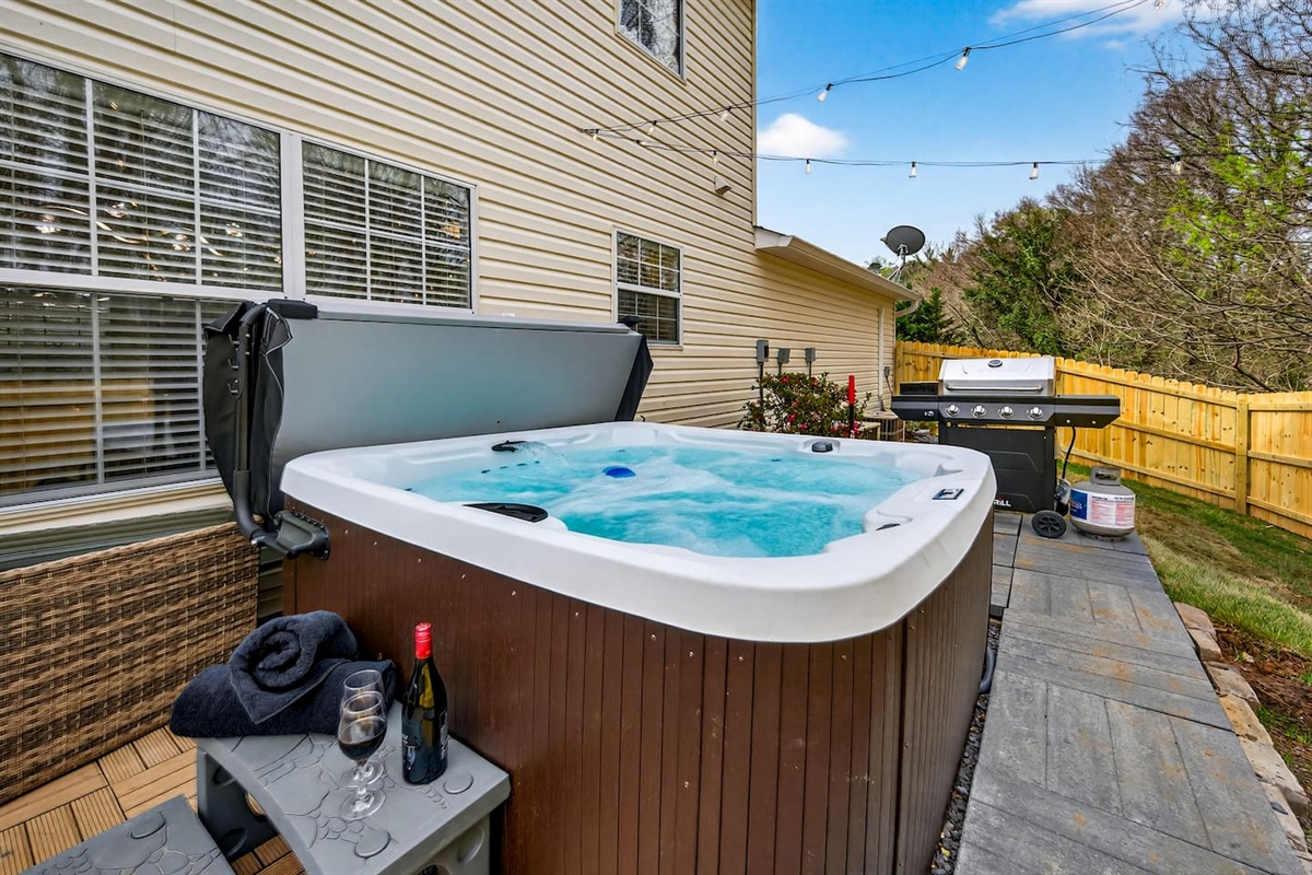 Soak in the 7 person hot tub. Grill provided for outdoor cooking.