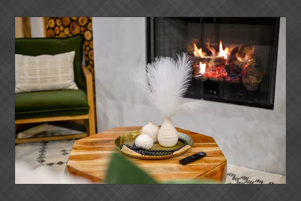 Warm up by the cozy indoor fireplace