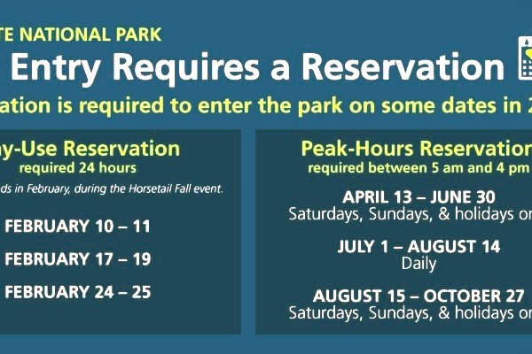 Reservations required to enter Yosemite during peak hours, please visit Yosemite National Park's website for more information.