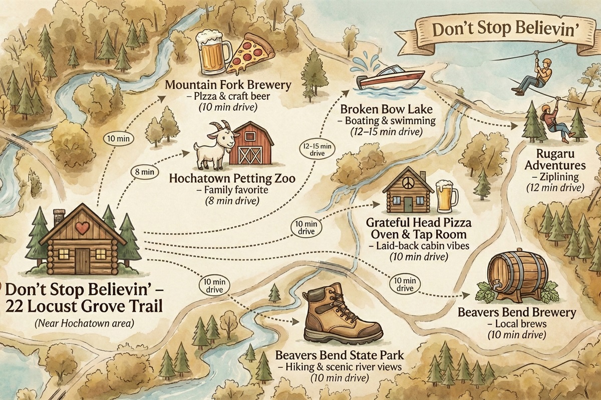 Beavers Bend, Broken Bow Lake, ziplining, breweries, and family attractions are all nearby. This map makes planning effortless so you can focus on making memories.