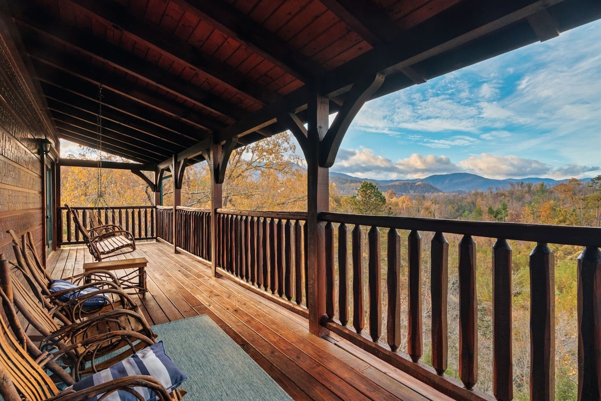 Upper level porch. Hello mountain views! We're ready to host your mountain getaway at Black Bear Bunkhouse.