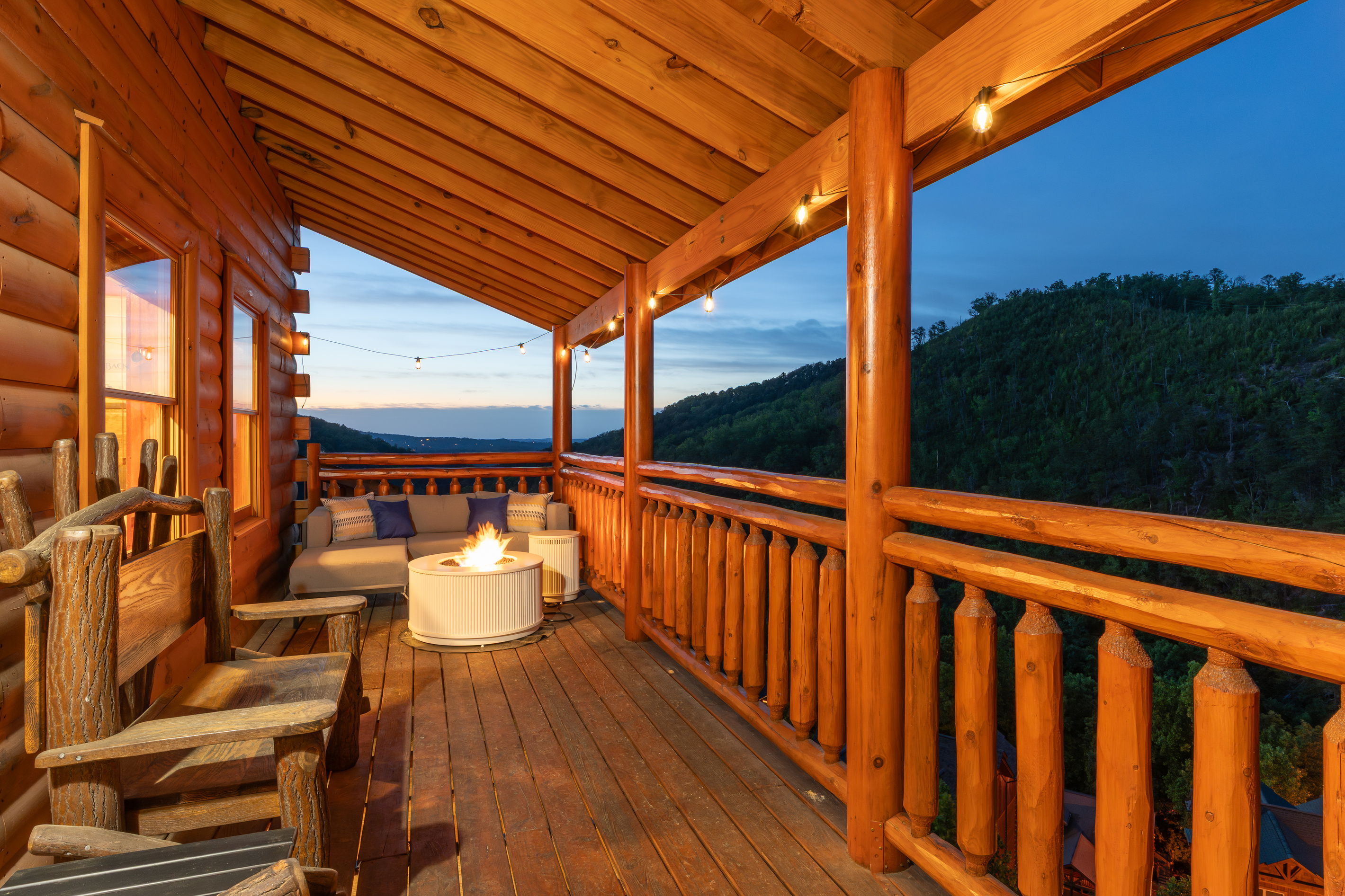 Rock, relax, and gather around the fire as the mountains settle into evening.