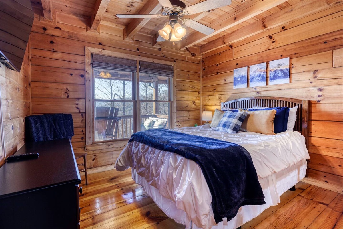 Main floor queen bedroom with dresser, end tables (not in photo) and TV.  Window has a view of the mountains and sunset.