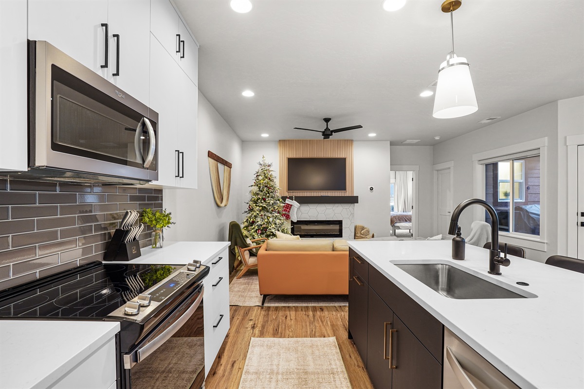 Modern design meets holiday warmth in this spacious lakeside property.