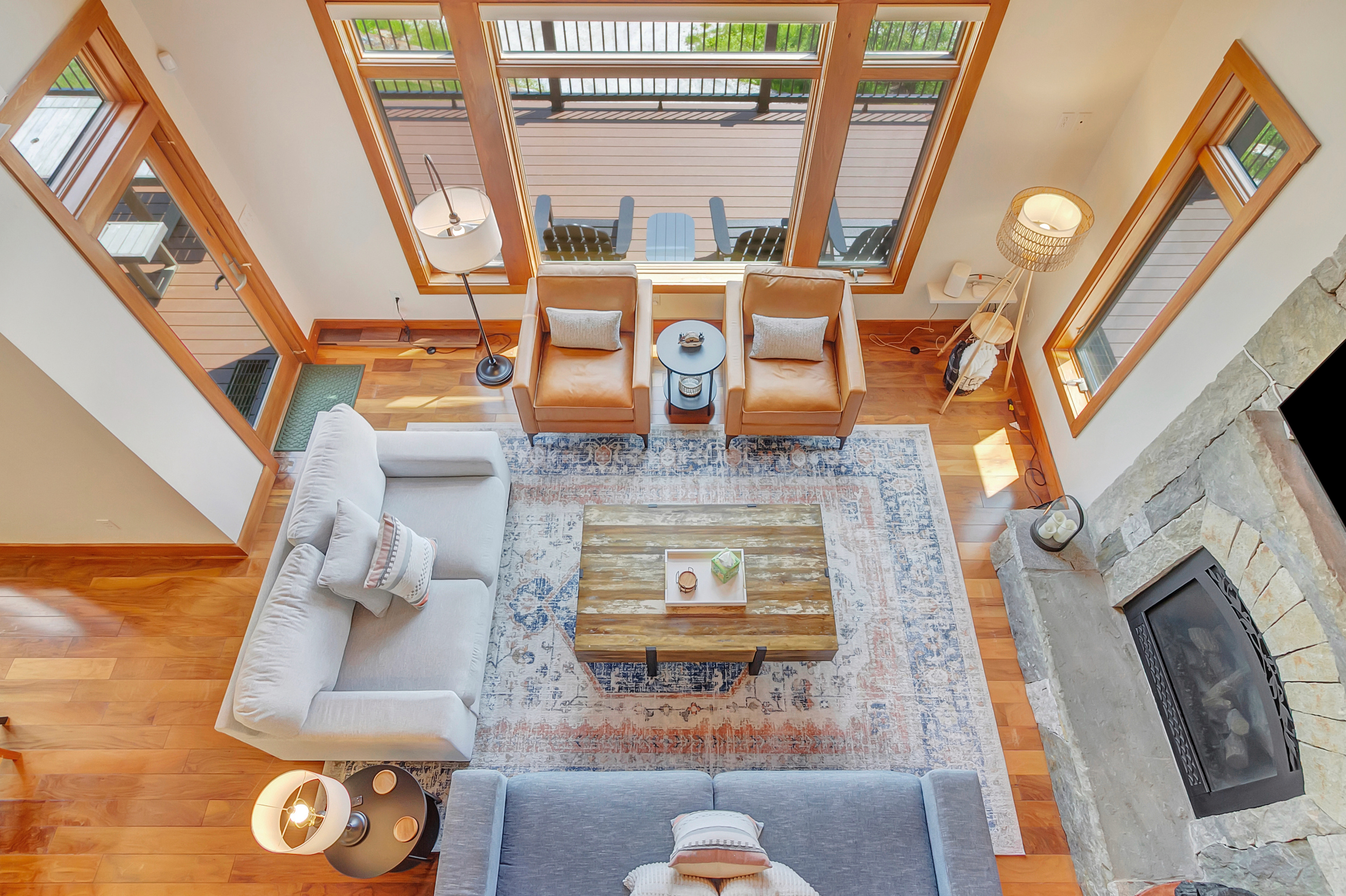 A view from the hallway upstairs to the second level