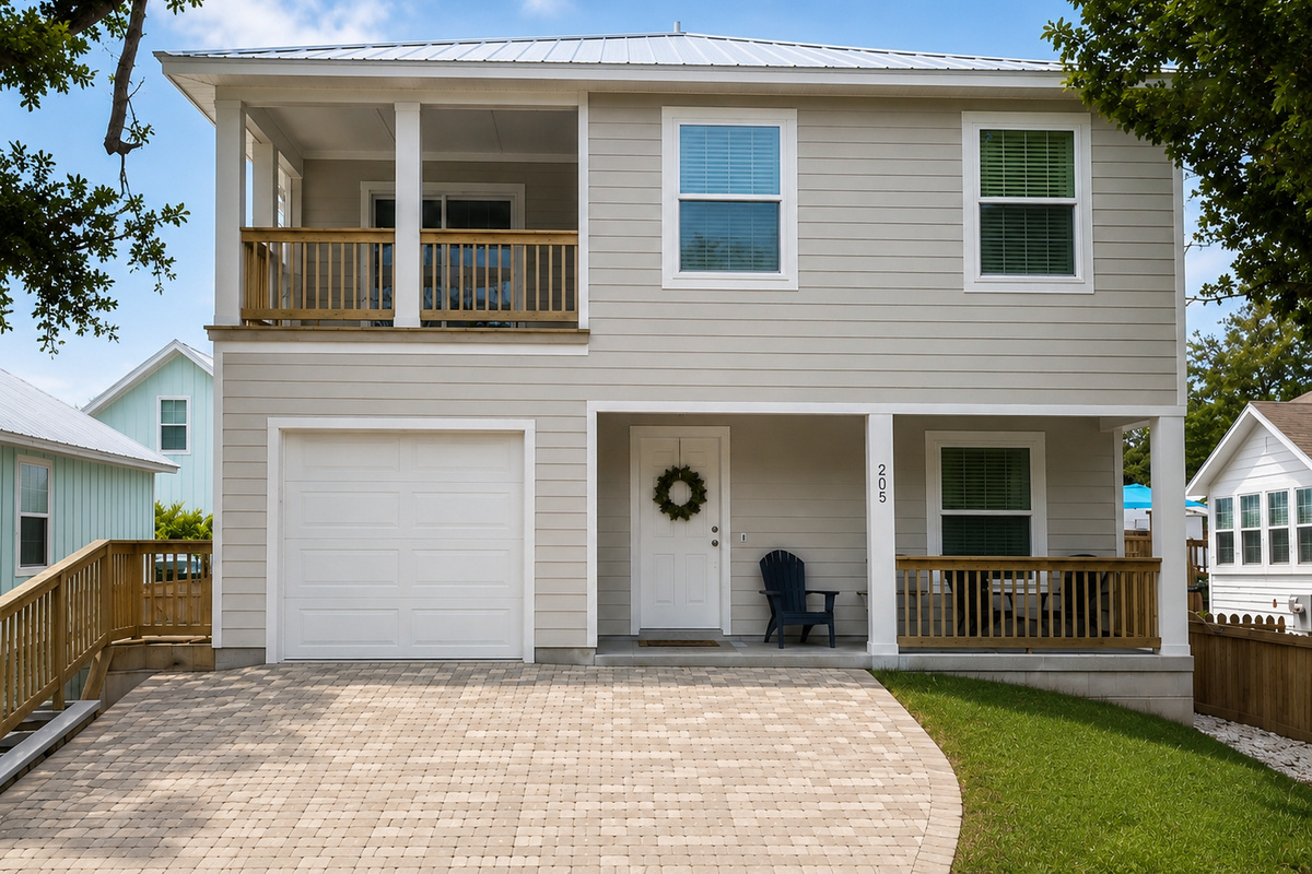 Tucked beneath grand old live oaks, the house welcomes you with a paver driveway, a covered front porch with a wreath on the door, and an upper balcony where morning coffee quietly becomes a vacation ritual.
