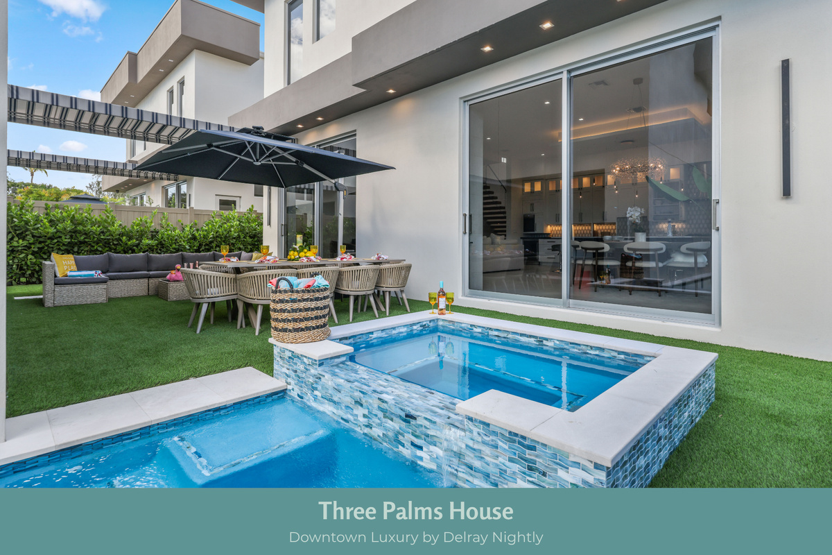 Your private Delray Beach retreat begins here: pool, raised spa, outdoor dining, lounge seating, and modern indoor-outdoor living in one luxury backyard.