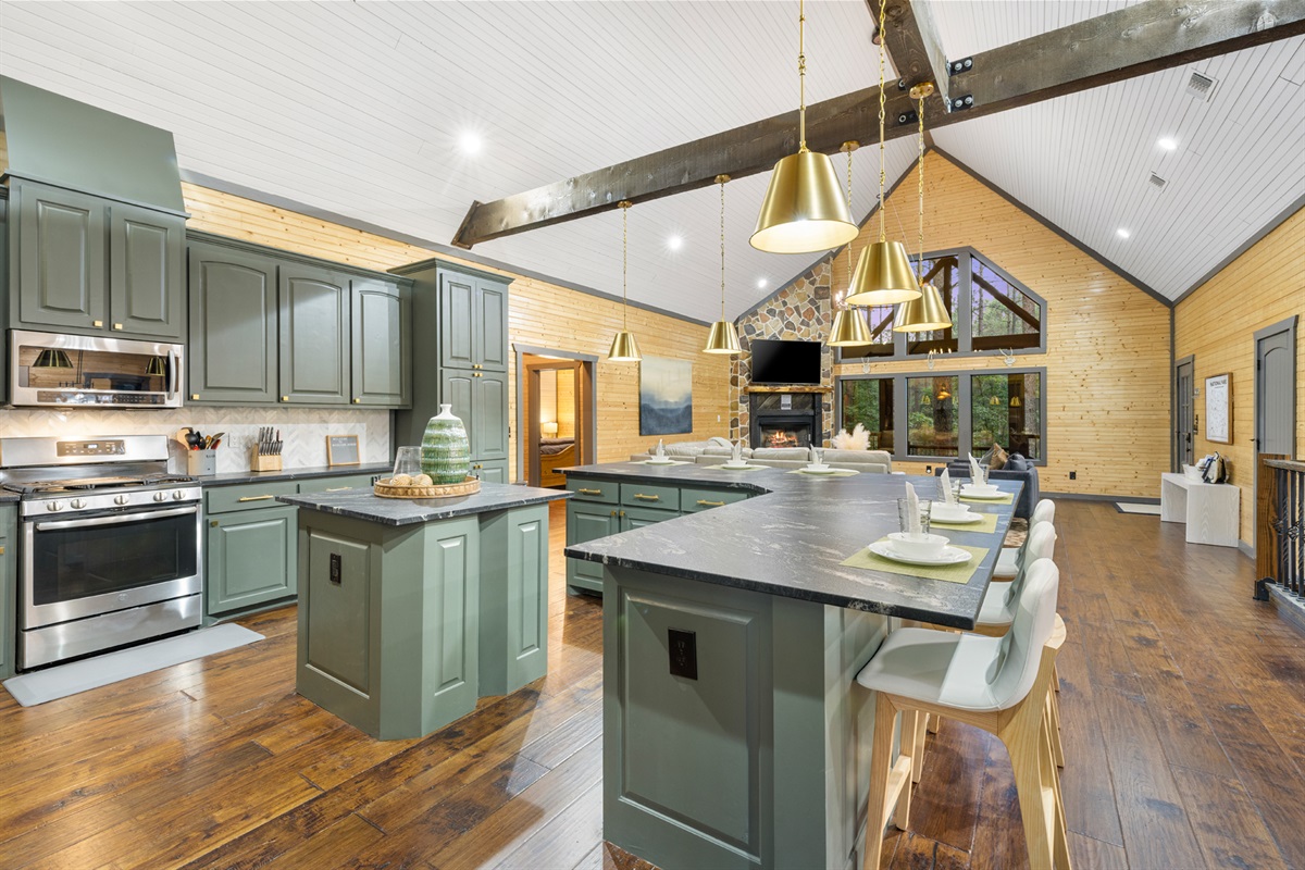 The cabin offers a generous island for engaging dining and stylish meal preparation!