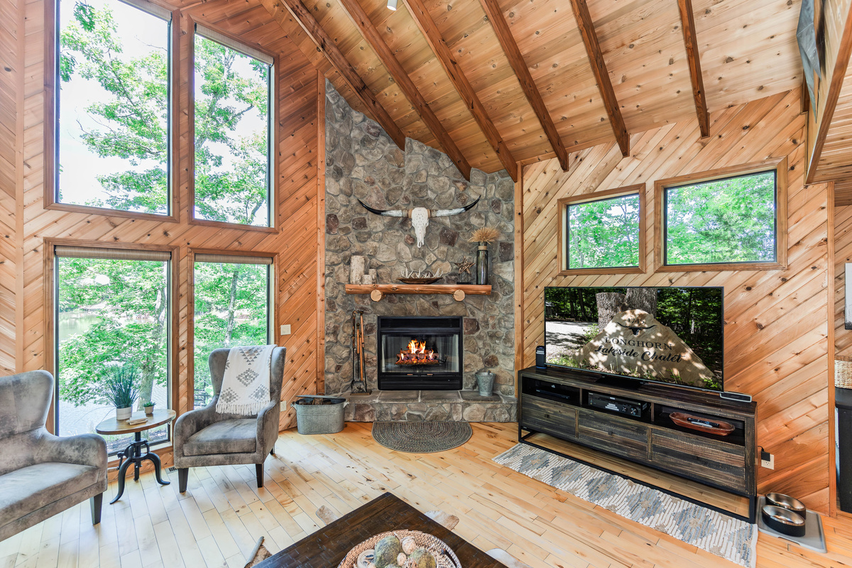 Relax by the fireplace after a day on the water. Firewood provided.