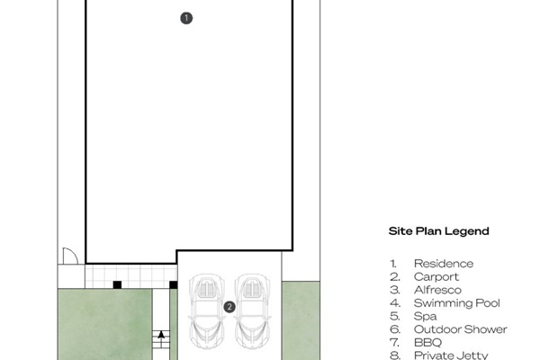 Site & Waterfront Layout - Pool, Private Jetty, Spa & Outdoor Living Zones