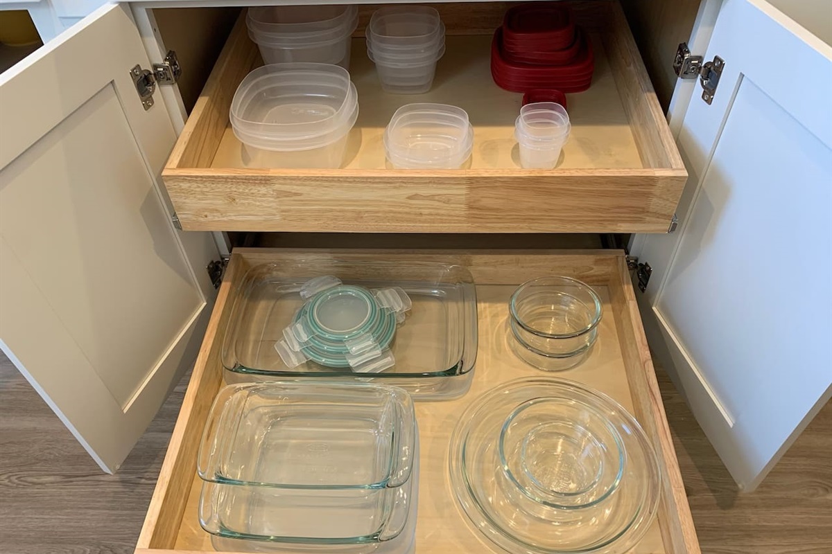 Plastic storage containers and glass bakeware.  