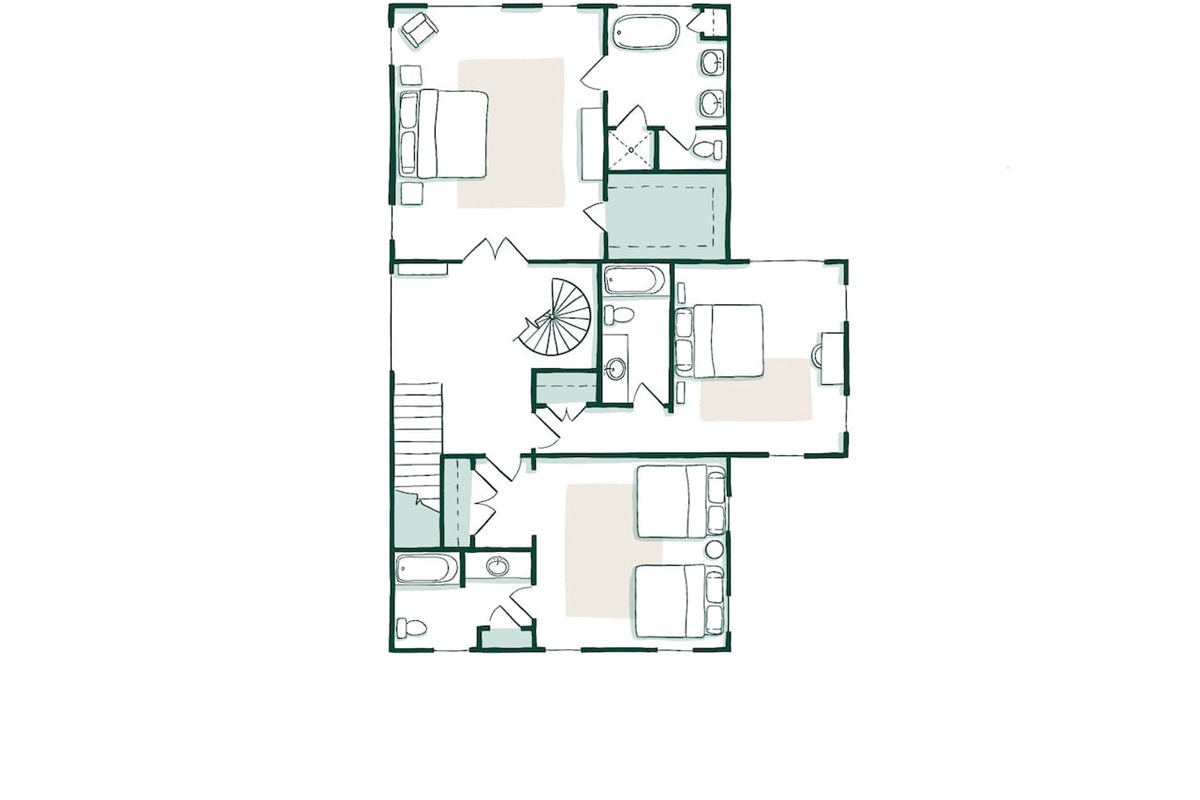 Three large bedrooms with private bathrooms. The primary Bedroom has a king bed and a large bathroom with a shower and soaking tub. The second bedroom has a queen bed and a desk. The third bedroom has two queen beds and a large closet. 