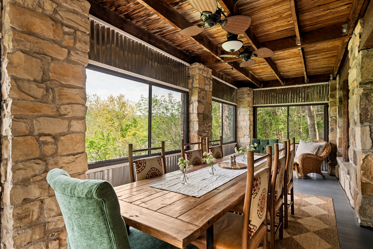 Enjoy meals and conversation with peaceful, tree-lined views from every seat.