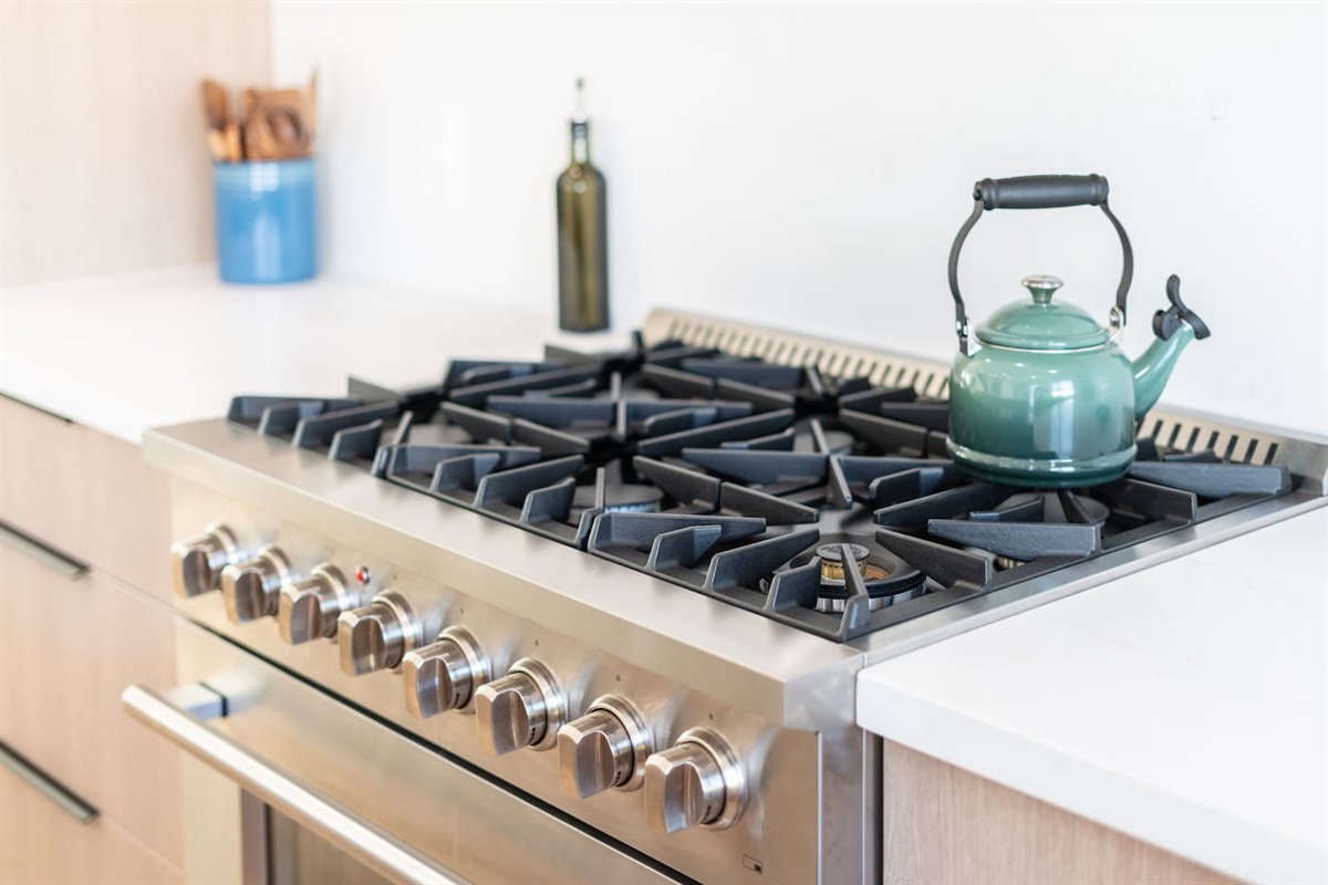 High-end gas range with six burners — perfect for cooking for a crowd.