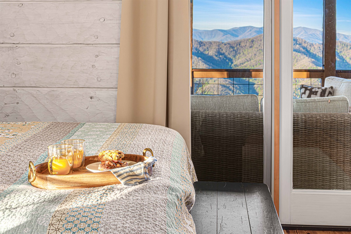 Main Level King Bedroom 2: Sip morning juice with breathtaking views from your private balcony!
