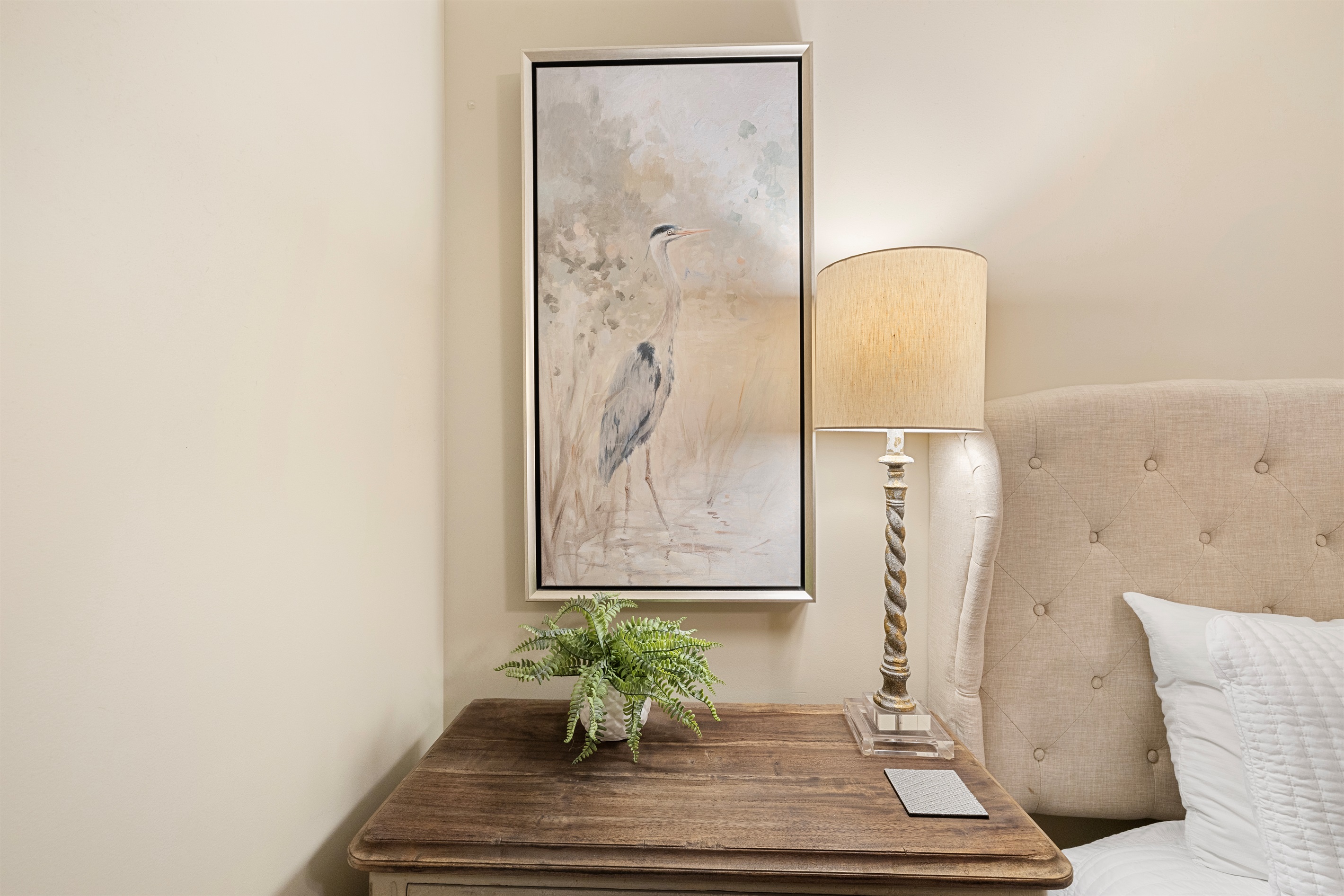 Serene artwork and elegant lighting invite relaxation after your adventures