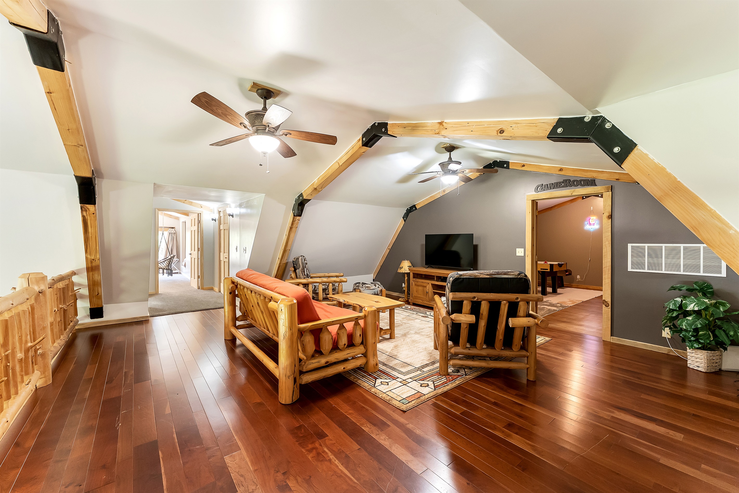 Upstairs living room, with futon and TV.