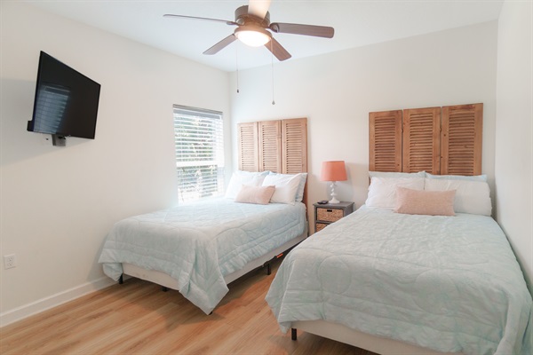 Two double beds, Roku TV, and a large closet, works great for kids, teens, or a pair of friends sharing a room.