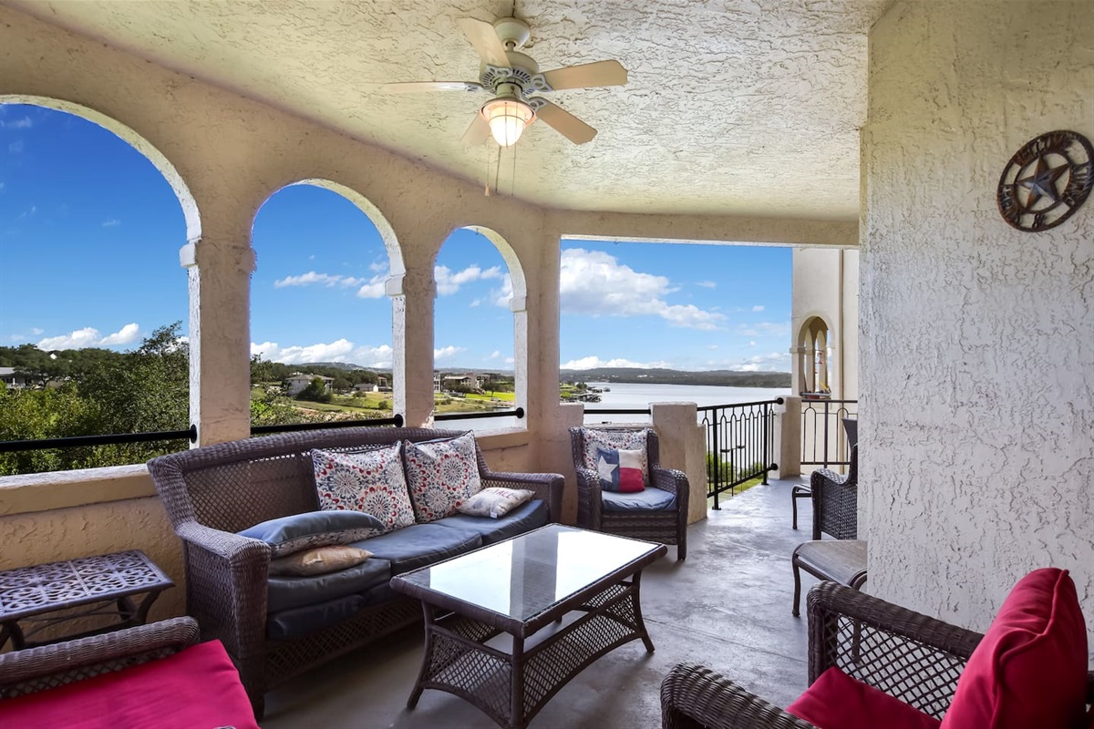 Expansive Patio with Lake and Hill Country Views