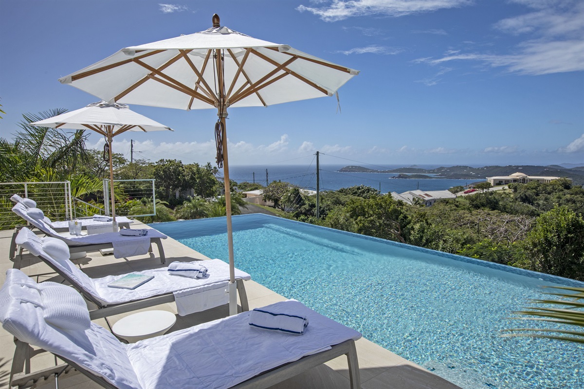 The pool has four lounge chairs with umbrellas you can put up for shade