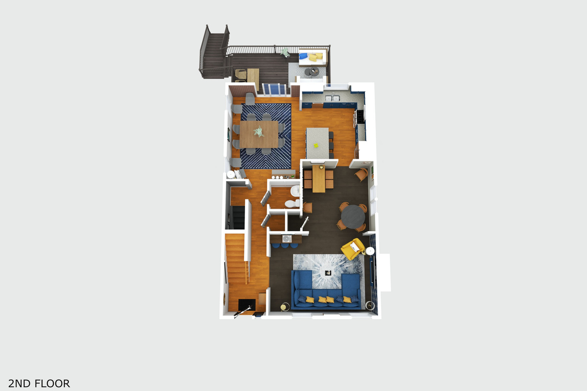 3D floor plan rendering of the main level - Spacious living area, poker room/bar, and modern, open kitchen with large dining area for groups. Walkout to main level deck. Convenient 1/2 bath on this floor.
