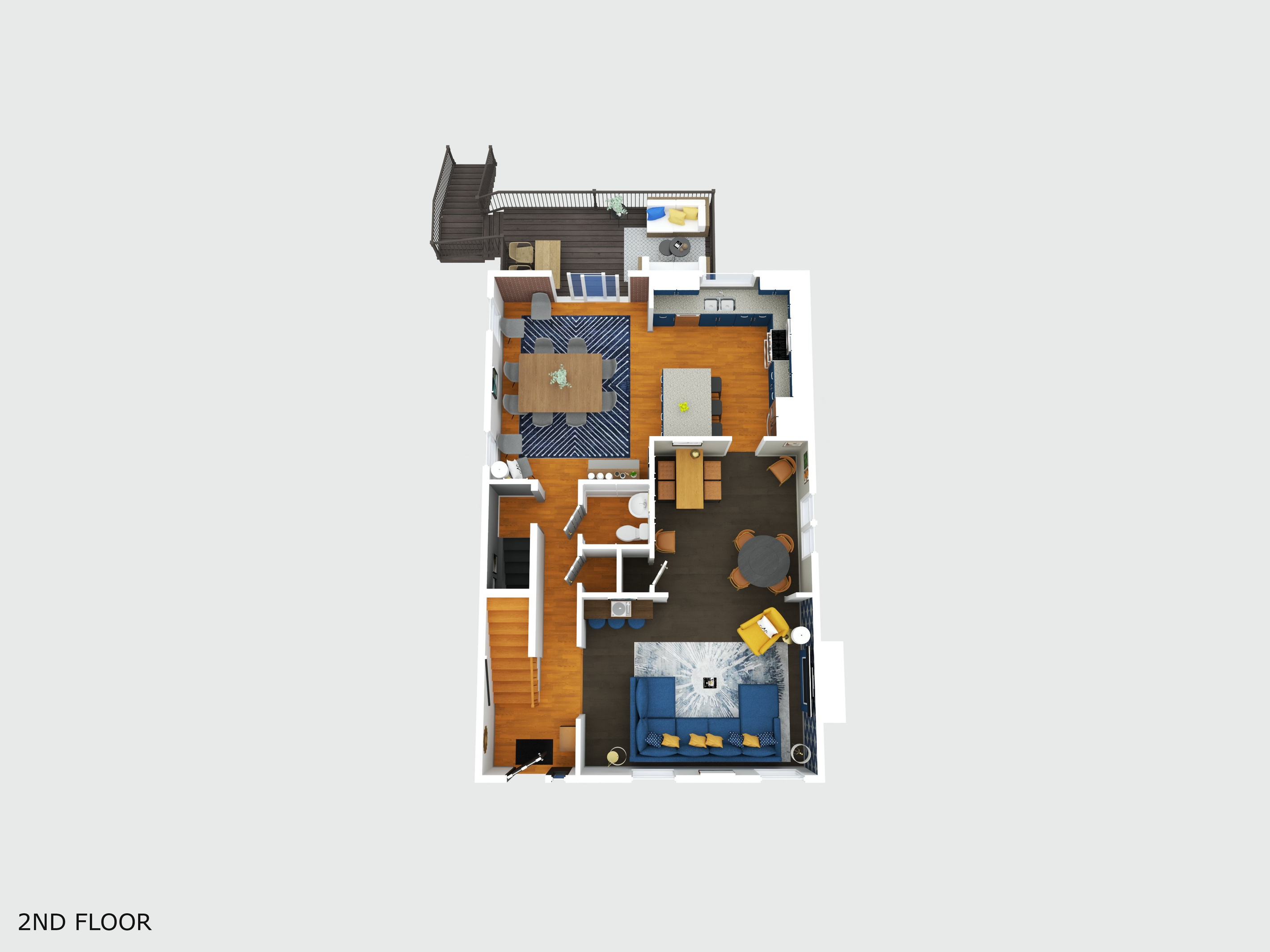 3D floor plan rendering of the main level - Spacious living area, poker room/bar, and modern, open kitchen with large dining area for groups. Walkout to main level deck. Convenient 1/2 bath on this floor.